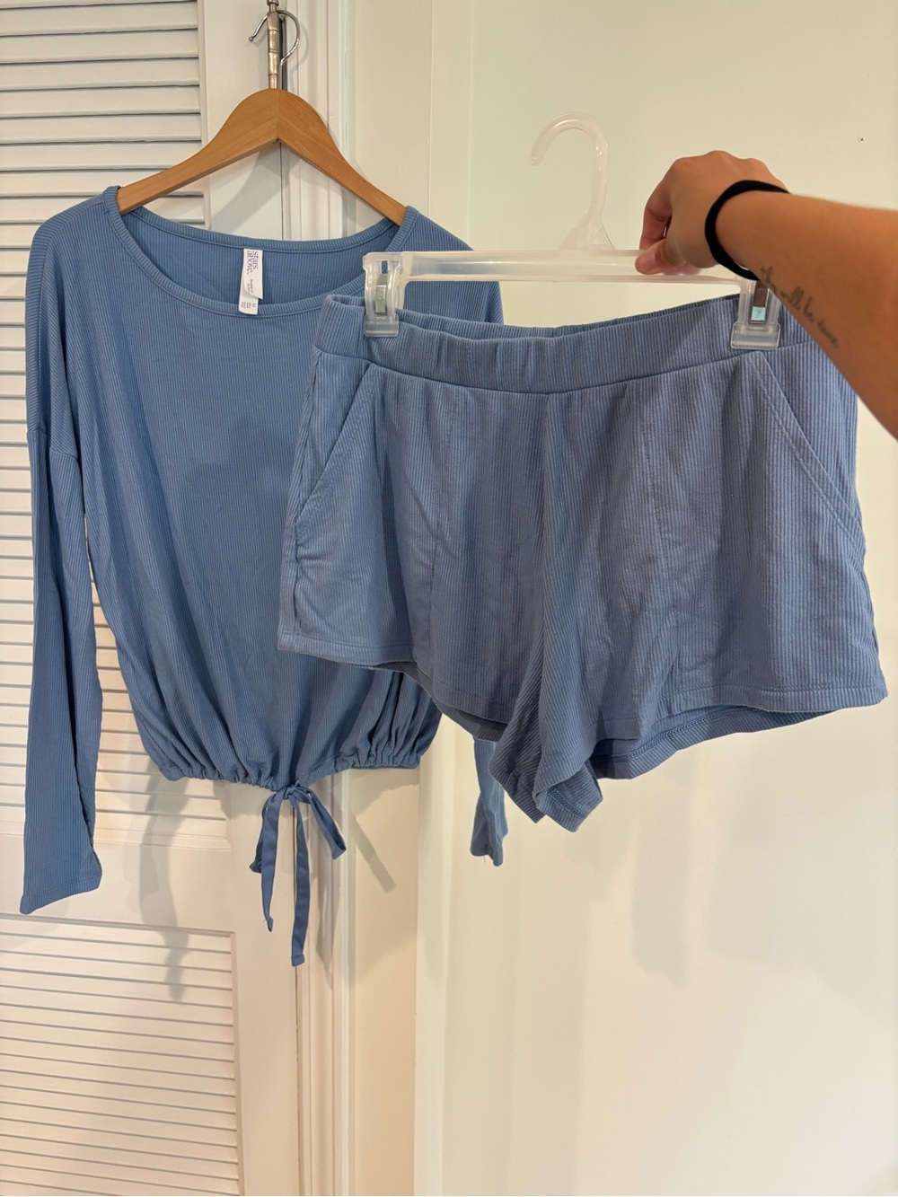Relaxed Ribbed Long-Sleeve Top & Shorts Set - Dusty Blue
